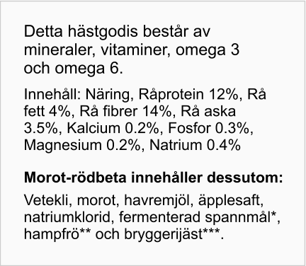 Detta hästgodis består av mineraler, vitaminer, omega 3 och omega 6. Innehåll: Näring, Råprotein 12%, Rå fett 4%, Rå fibrer 14%, Rå aska 3.5%, Kalcium 0.2%, Fosfor 0.3%, Magnesium 0.2%, Natrium 0.4% Morot- rödbeta innehåller dessutom: Vetekli, morot, havremjöl, äpplesaft, natriumklorid, fermenterad spannmål*, hampfrö** och bryggerijäst***.